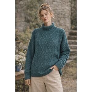 Vintage Pitlochry Womens Fisherman Wool Sweater Size L Teal Scotland Made Boho